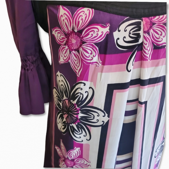 2B Bebe Purple Floral Mid Bell Sleeve Tie Back Square Neck Tunic Sz Small - Picture 5 of 8